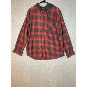 Hot Topic Shirt Mens XL PLaid Red Black Hooded Grunge Button Up 90s Style